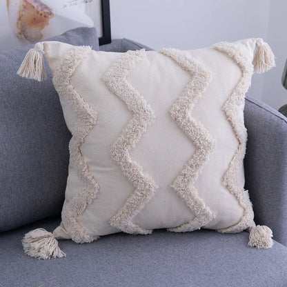 DecorBites™ Beige Tassels Cushion Cover, Handmade Square Home Decoration for Living Room