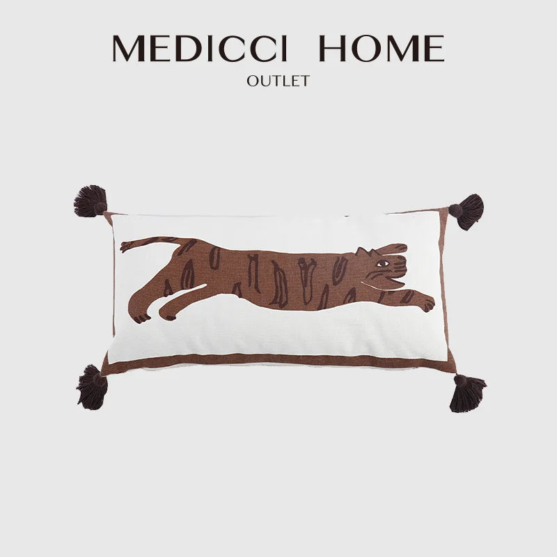 DecorBites™ Antique Brown Tiger Print Ethnic Style Pillow Cover with Tassels