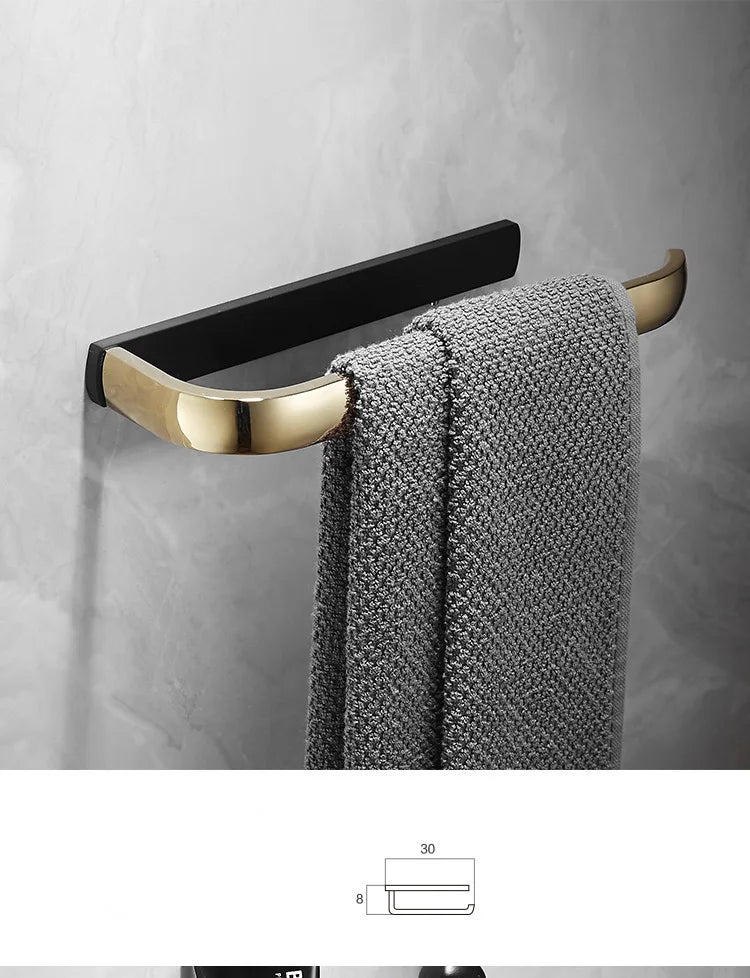 ™ Gold & Black Bathroom Hardware Set: Shelf, Towel Rack, Paper Holder, Brush Holder