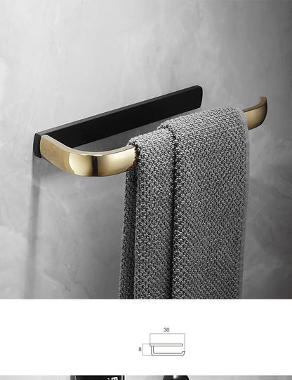 ™ Gold & Black Bathroom Hardware Set: Shelf, Towel Rack, Paper Holder, Brush Holder