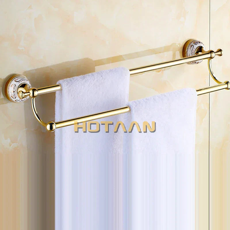 DecorBites™ 60cm Double Towel Bar with Ceramic Gold Finish for Bathroom Accessories.