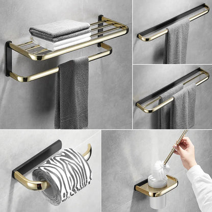 ™ Gold & Black Bathroom Hardware Set: Shelf, Towel Rack, Paper Holder, Brush Holder