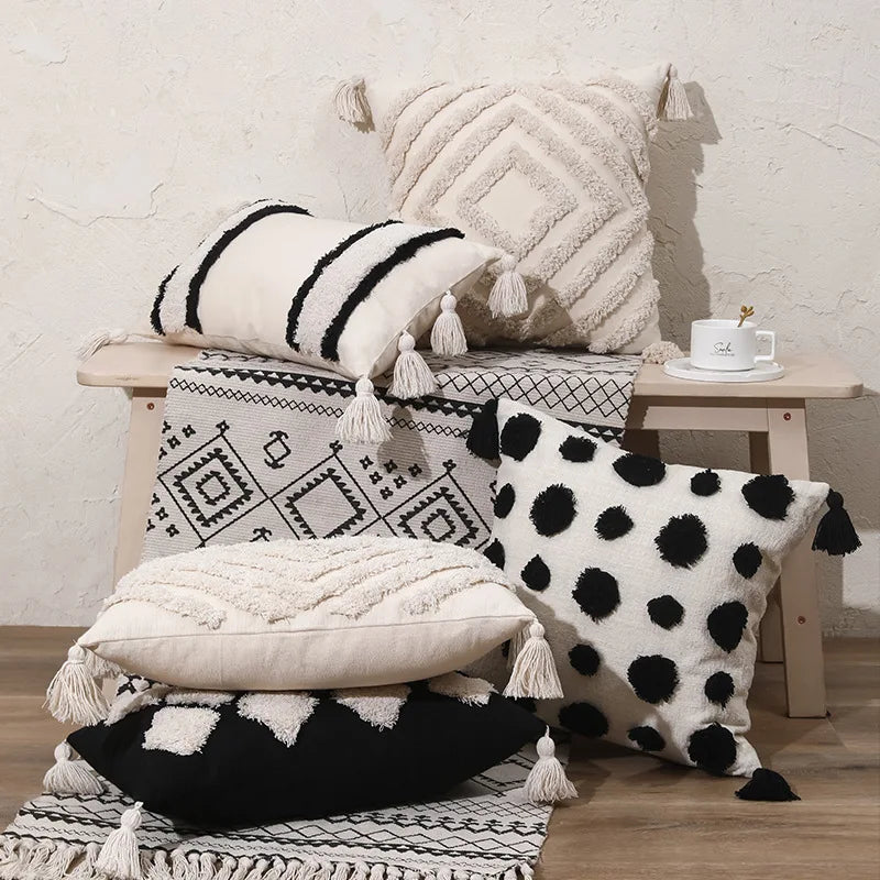 DecorBites™ Boho Tufted Beige White Tassel Pillow Cover Home Decor Square Beaded Case
