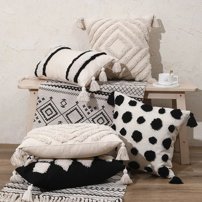 DecorBites™ Boho Tufted Beige White Tassel Pillow Cover Home Decor Square Beaded Case