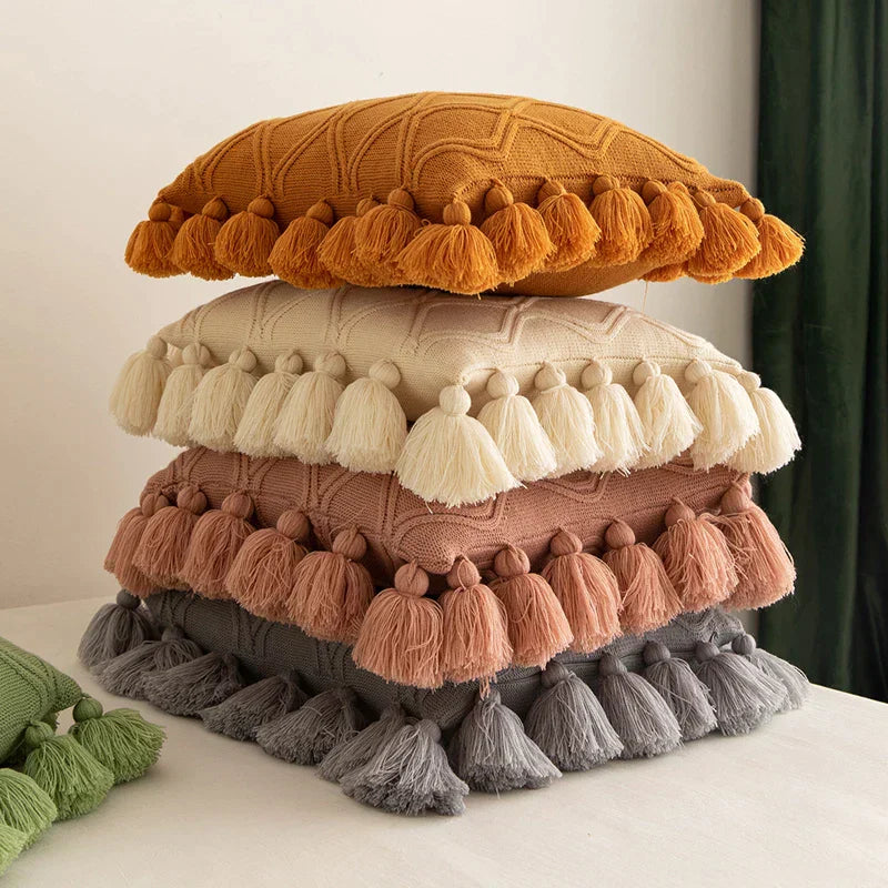 DecorBites™ Boho Style Ivory Green Pink Tassles 45x45cm Cushion Cover for Home Decoration