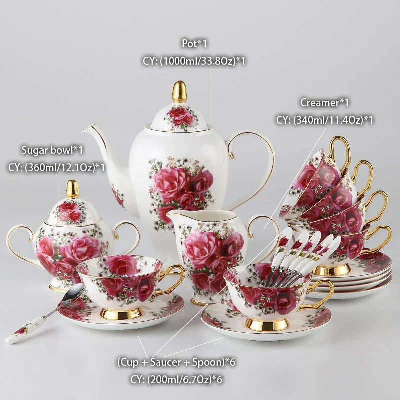 DecorBites™ Bone China Tea Set: Cup, Saucer, Mug, Sugar Pot, Jug, Teapot