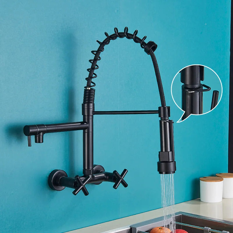 DecorBites™ Black Kitchen Faucet Wall Mounted Dual Swivel Spouts Vessel Sink Mixer Tap
