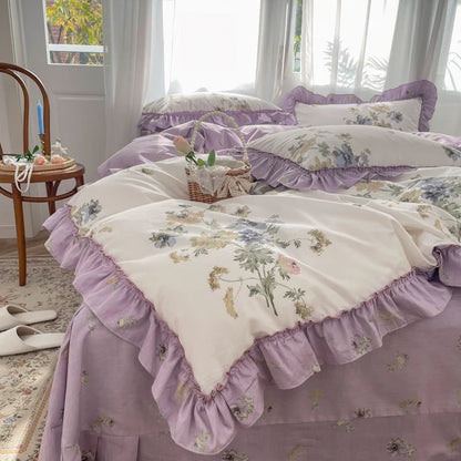 DecorBites™ Gardenia Print Princess Bedding Set with Ruffles and Pillowcases