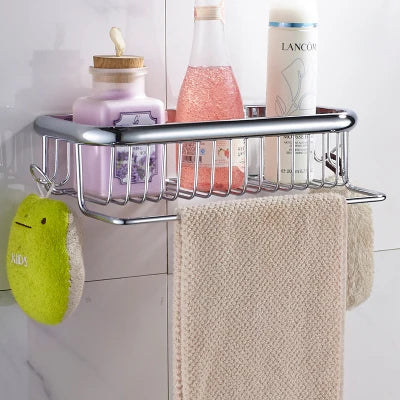 DecorBites™ Gold Brass Bathroom Shelf with Towel Hanger, Shampoo Holder, and Basket