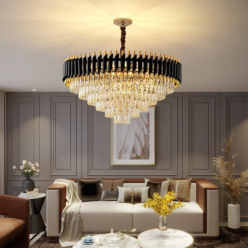 DecorBites™ Black Gold Metal LED Chandelier Living Room Dining Modern Lustre Crystal Hanging Lamp