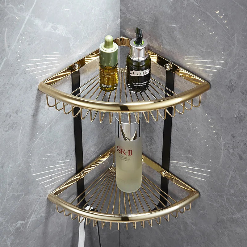 ™ Gold & Black Corner Shelf: Brass Bathroom Shelves for Stylish Storage
