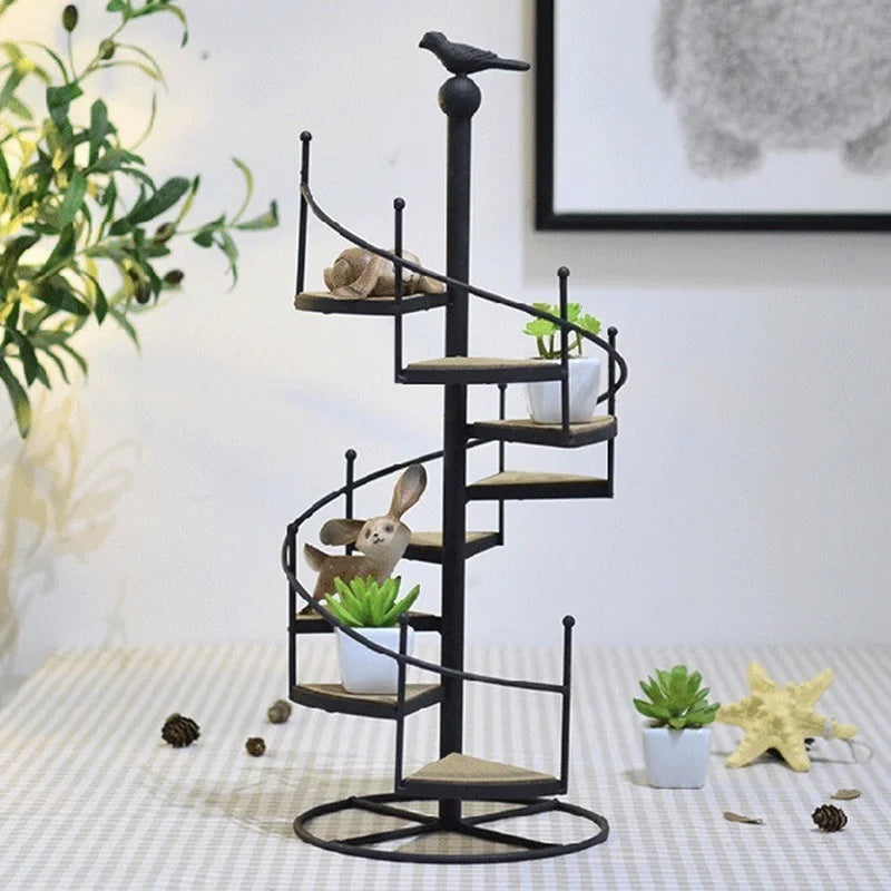 DecorBites™ 8-Layer Stair Shape Iron Plant Stand with Wood Plate