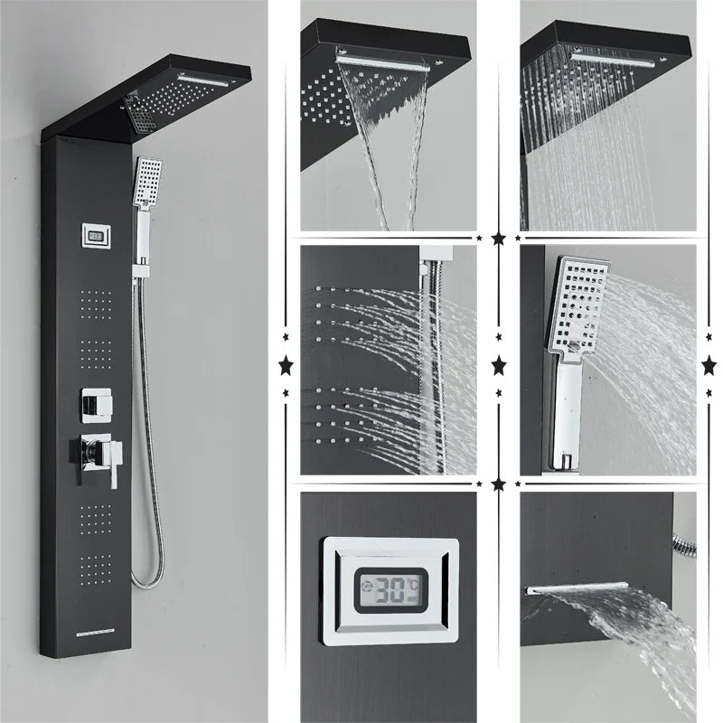 DecorBites™ Black Rainfall Shower Panel Set with Massage System and Temperature Screen