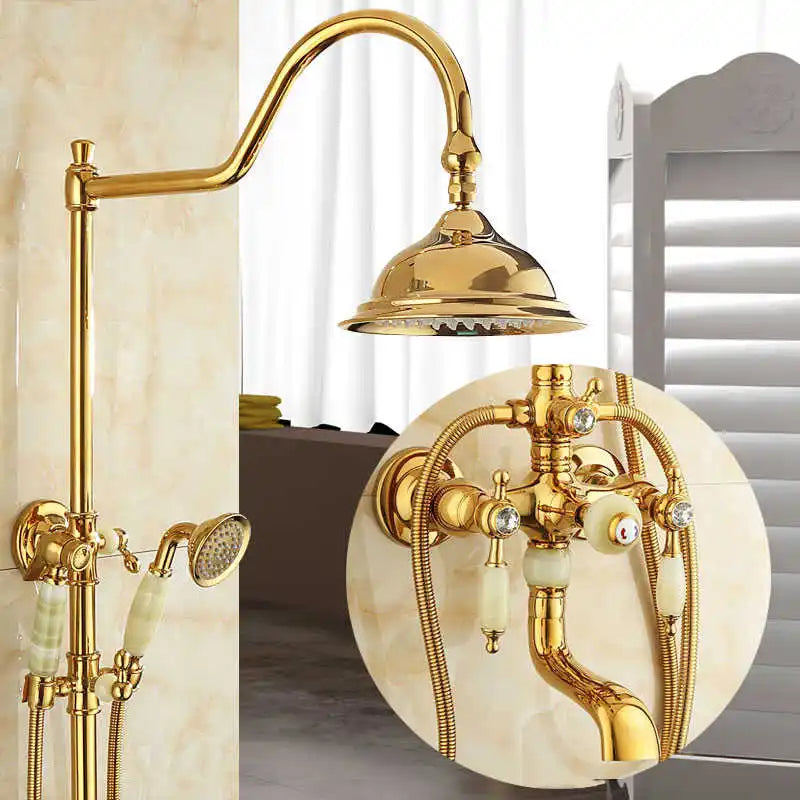 ™ Gold Brass Jade Bath Shower Set Wall Mounted Rainfall Hand Shower Faucet