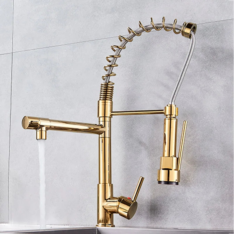 DecorBites™ Brass Kitchen Faucet Spring Swivel Spout Hot Cold Water Mixer Taps