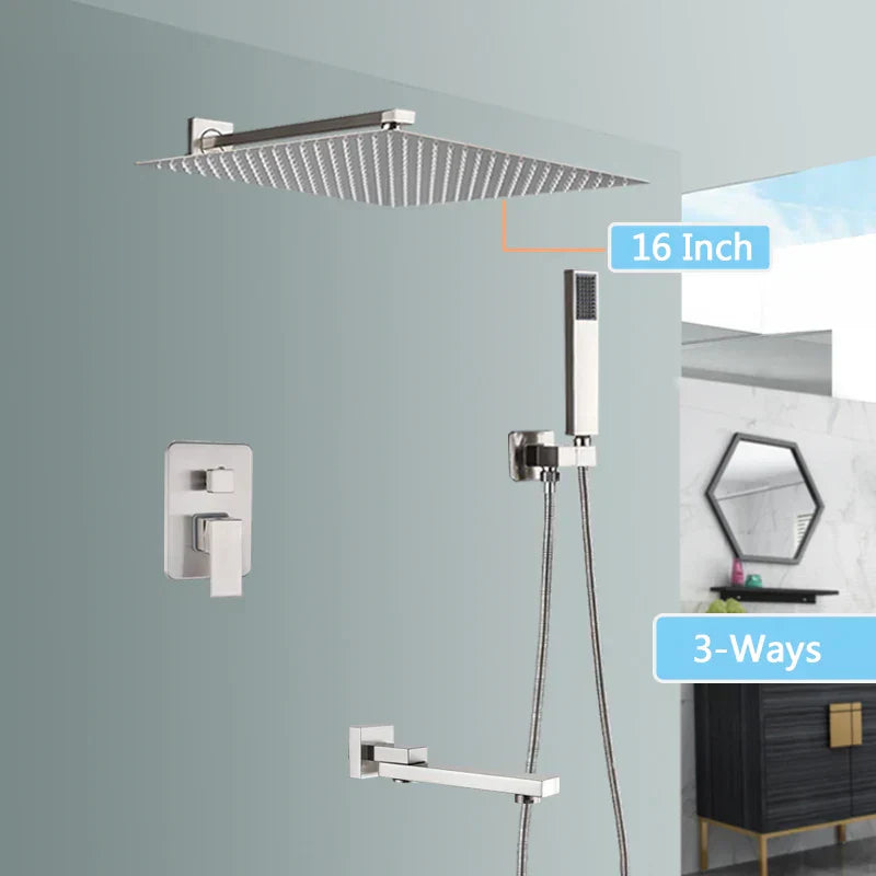 DecorBites™ Brushed Nickel Rainfall Shower Faucet Set with Tub Spout - 16" Head