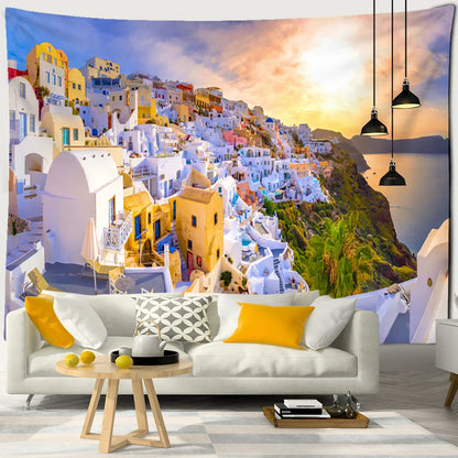 DecorBites™ Castle Village Sunset Tapestry Wall Hanging - Fantasy City Landscape Wall Art