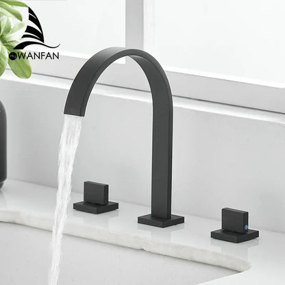 DecorBites™ Black Brass Deck Mounted Bathroom Sink Faucet Double Handle Hot/Cold Tap