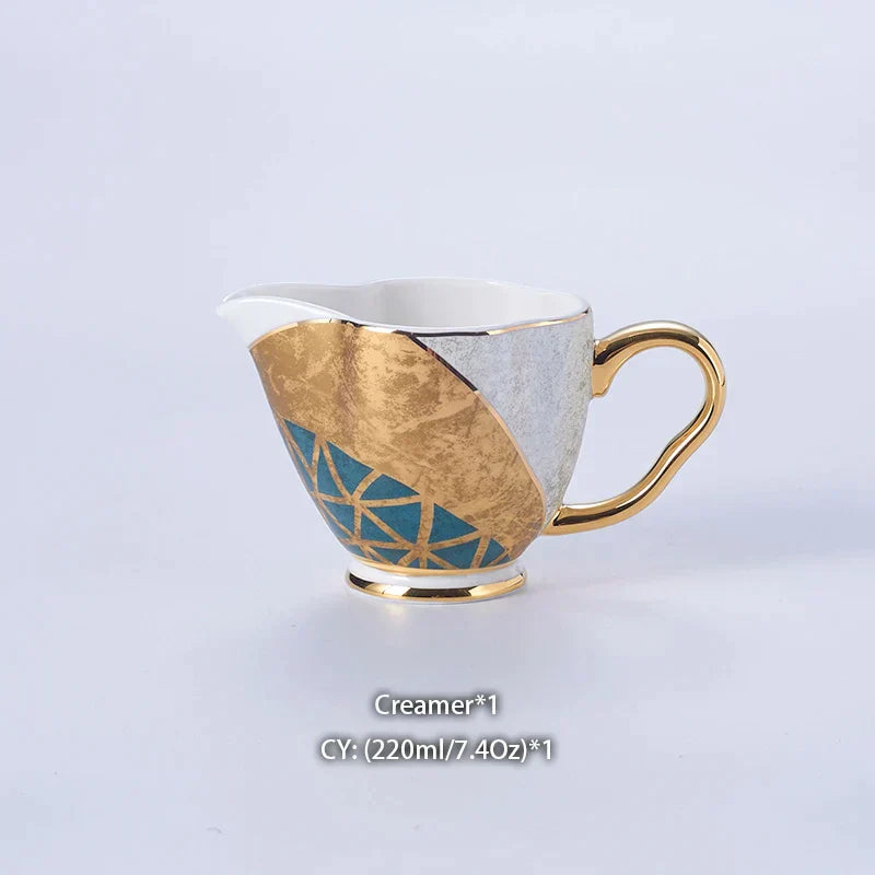DecorBites™ Luxe Gold Inlay Bone China Coffee Set: Teapot, Cup, Sugar Bowl, Creamer, Mug