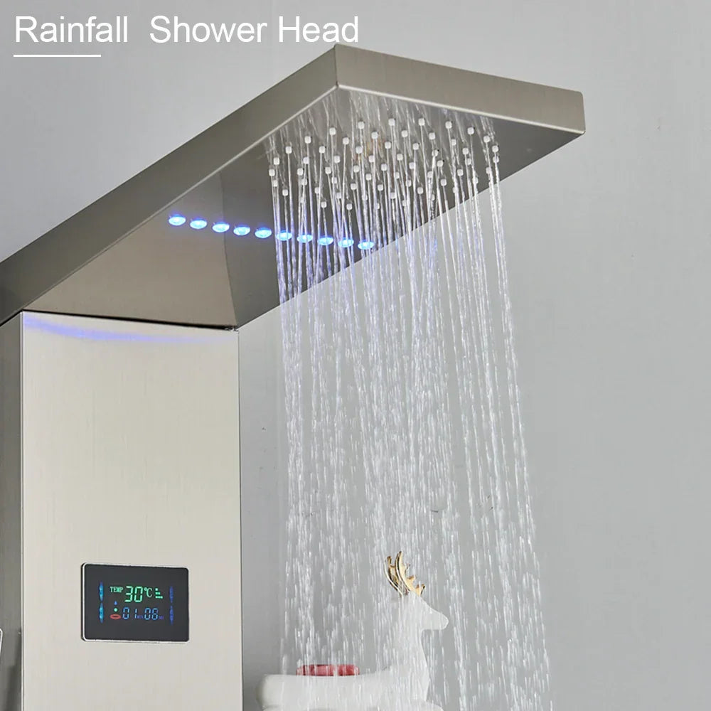 DecorBites™ Brushed LED Light Shower Faucet SPA Massage Shower Column Waterfall Panel