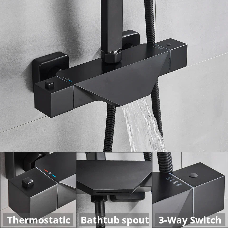 DecorBites™ Black Thermostatic Shower Faucet Rain Head System for Wall Mount Installation