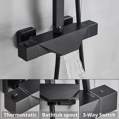 DecorBites™ Black Thermostatic Shower Faucet Rain Head System for Wall Mount Installation