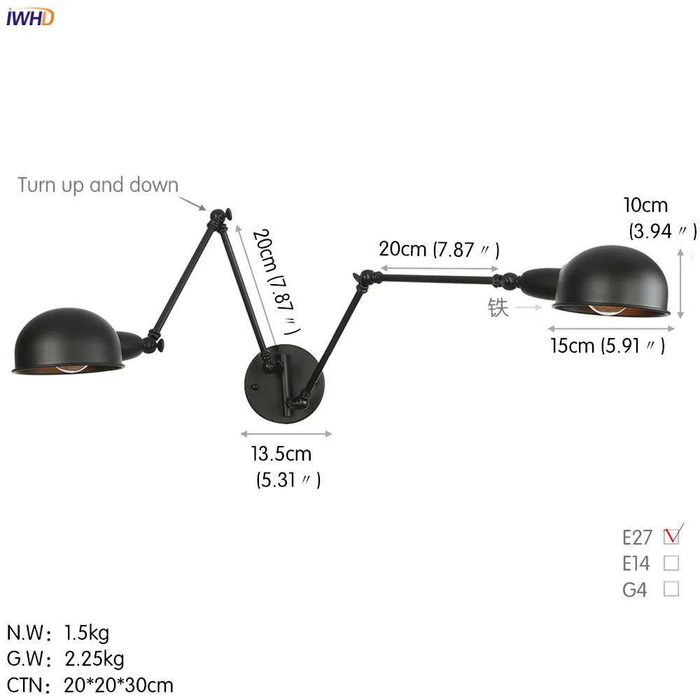 DecorBites™ Loft Antique Edison Wall Sconce Swing Arm Wall Light - 3 Heads Black