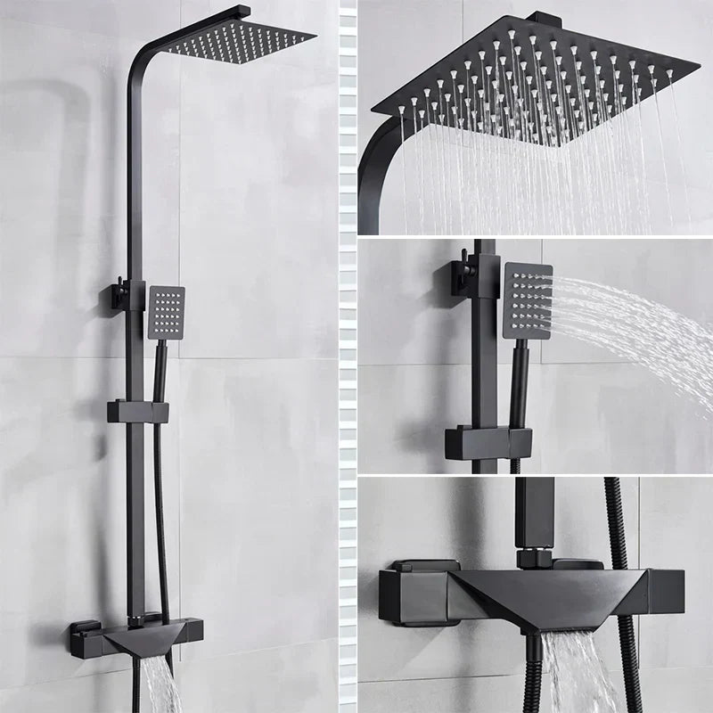 DecorBites™ Black Thermostatic Shower Faucet Rain Head System for Wall Mount Installation