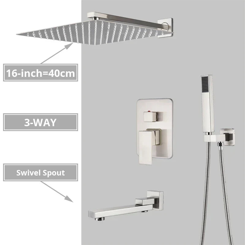 DecorBites™ Brushed Nickel Shower System with Rain Shower Head for Wall Mounted Bathroom