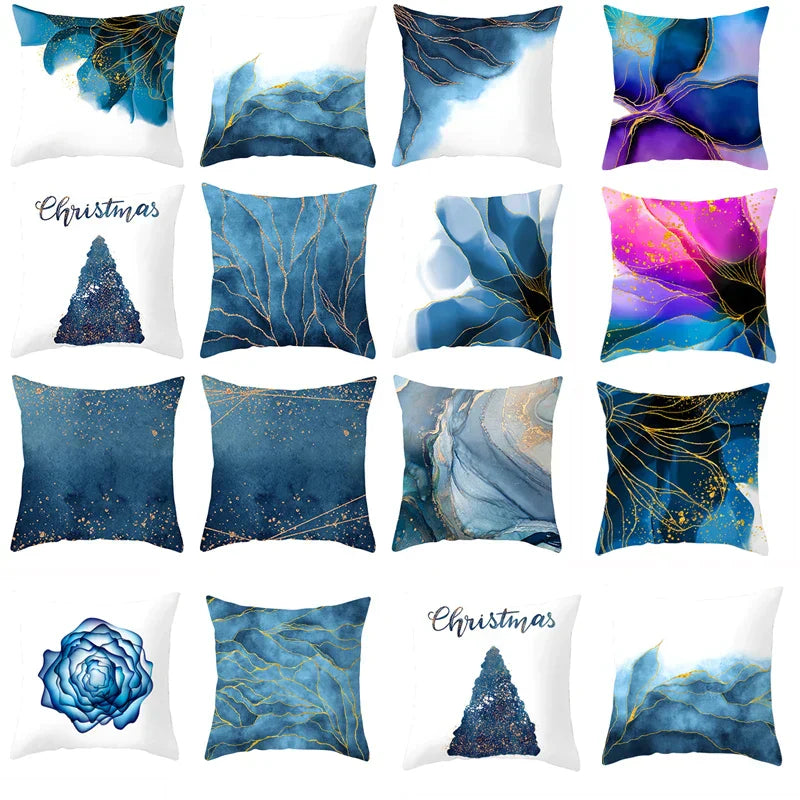 DecorBites™ Blue Ink Gold Edge Geometric Cushion Cover - Polyester Throw Pillow Case