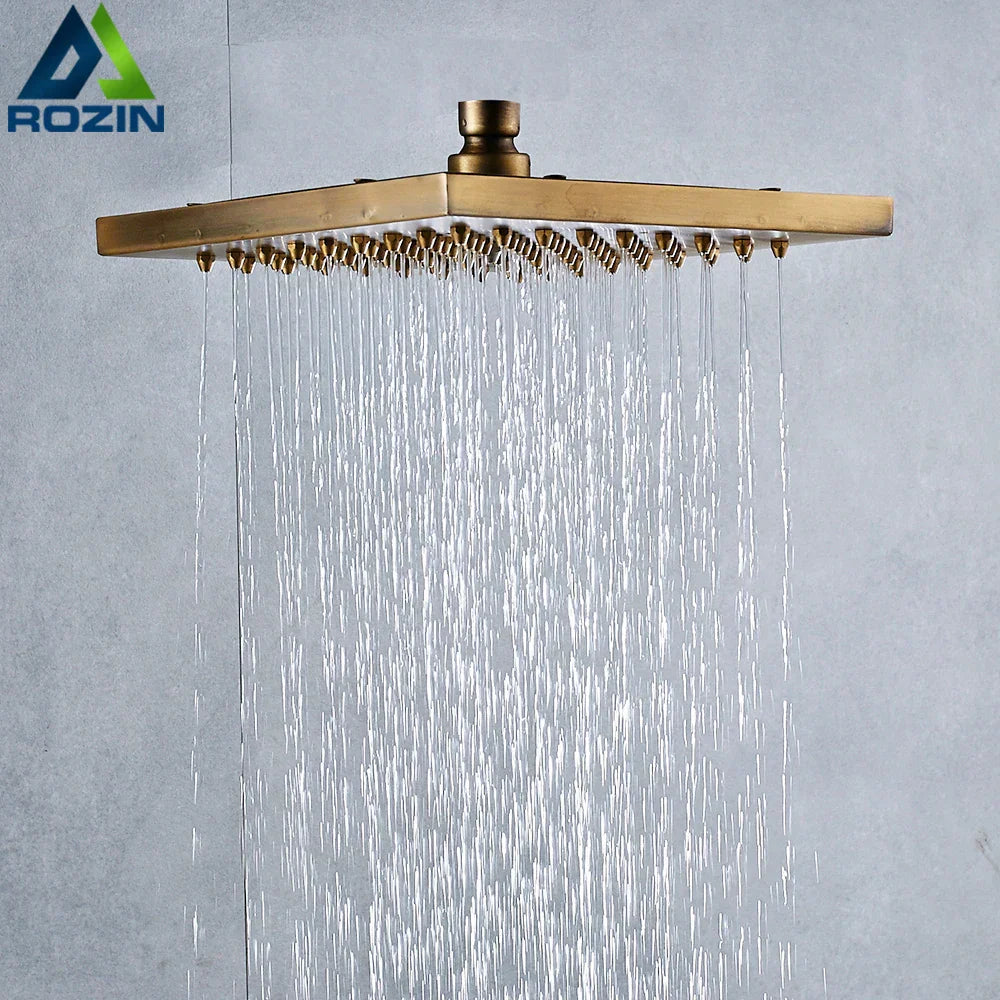 DecorBites™ Antique Brass 8-inch Square Rainfall Shower Head - Premium Brass Top