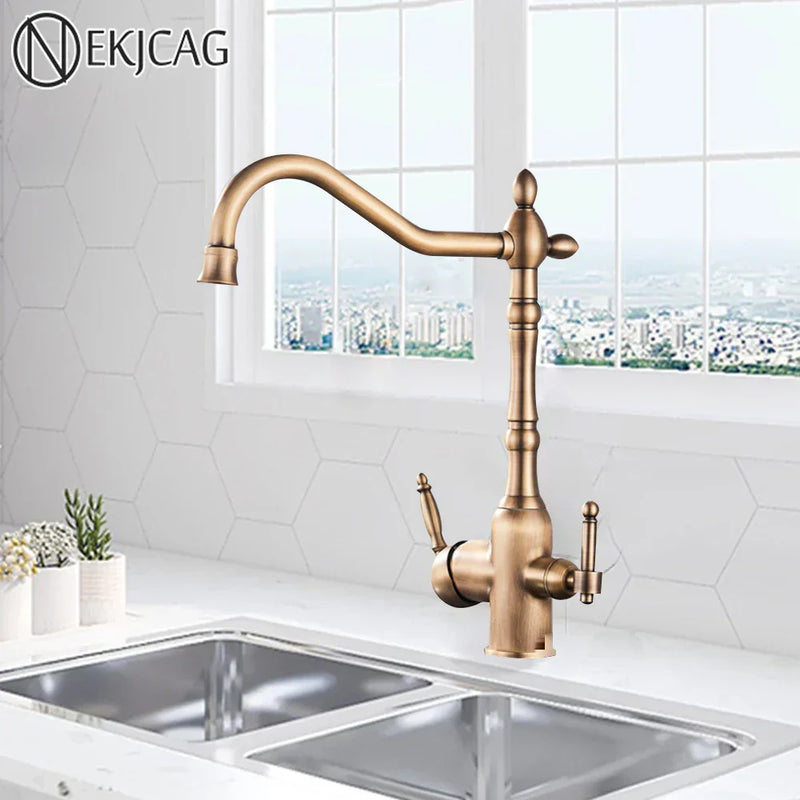 DecorBites™ Antique Brass Dual Spout Kitchen Filter Faucet - Hot Cold Mixer Taps