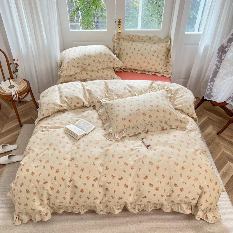 DecorBites™ Gardenia Print Princess Bedding Set with Ruffles and Pillowcases