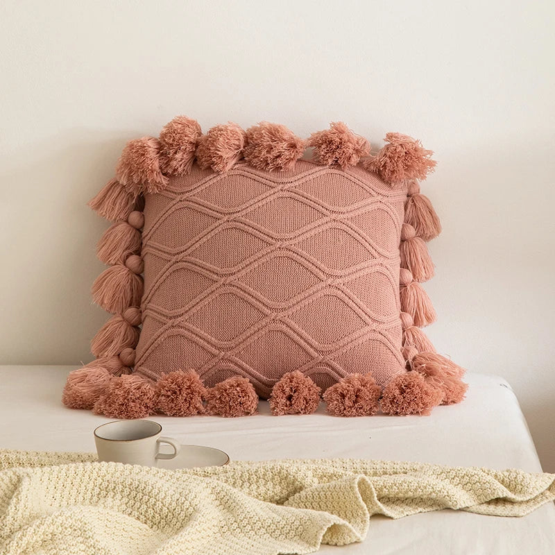 DecorBites™ Boho Style Ivory Green Pink Tassles 45x45cm Cushion Cover for Home Decoration