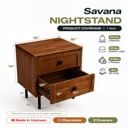 Savana Solid Wood 2-Drawer Nightstand