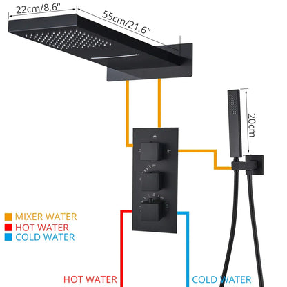 DecorBites™ Black Thermostatic Waterfall Rainfall Shower Faucet with Handshower