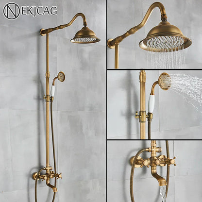DecorBites™ Antique Brass Shower Faucet with Ceramics Hand Spray and 8'' Rainfall Head