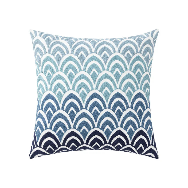 DecorBites™ Blue Floral Geometric Embroidery Cushion Cover 45x45cm for a Cozy Home