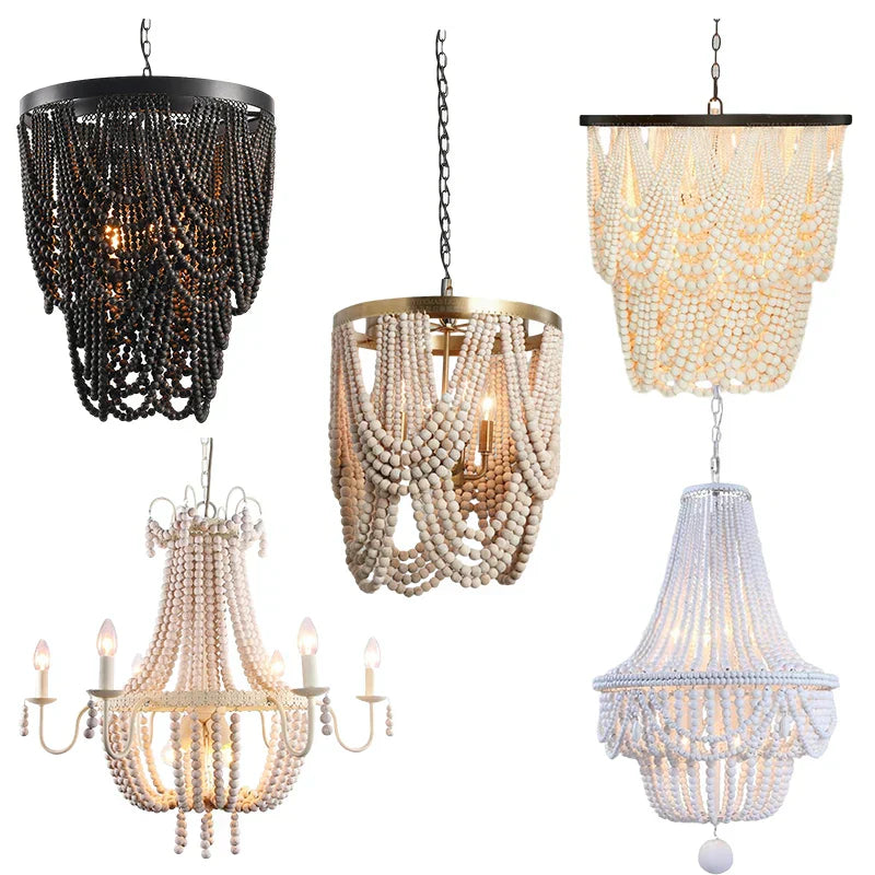 DecorBites™ Black Wood Beaded Pendant Chandelier - Antique Nordic Lighting for Foyer, Dining, Bedroom