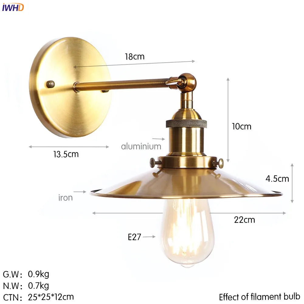 DecorBites™ Antique Gold Rustic Wall Lamps Bathroom Stair Mirror Light Loft Decor Industrial