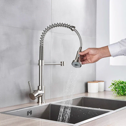 DecorBites™ Brushed Nickel Pull Down Kitchen Faucet - 360° Rotation Hot Cold Water Mixer