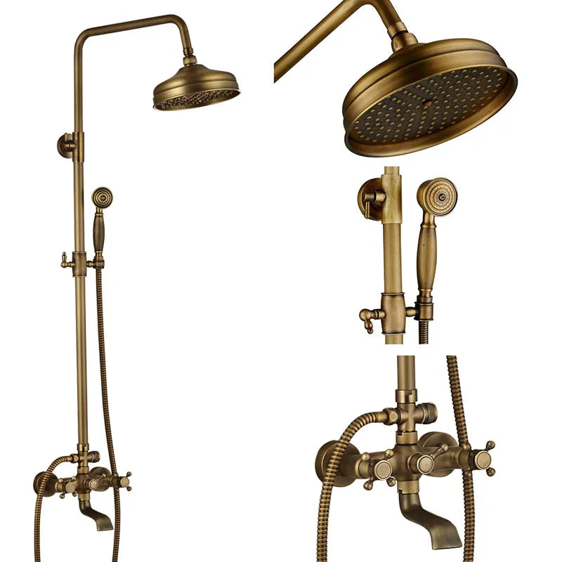 DecorBites™ Brass Shower Faucet Mixer Set with 8" Rainfall Head, Storage Shelf, and Hooks