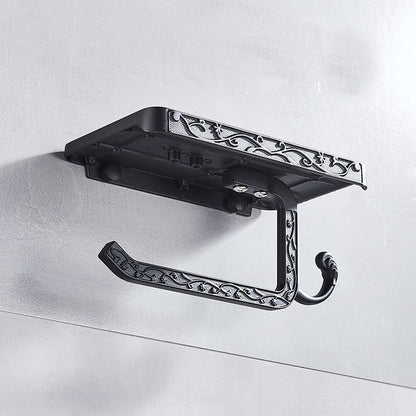 DecorBites™ Black Toilet Paper Holder with Phone Rack: Wall-Mounted Aluminum Bathroom Storage