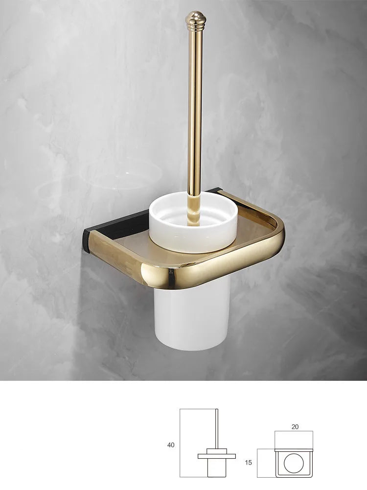 ™ Gold & Black Bathroom Hardware Set: Shelf, Towel Rack, Paper Holder, Brush Holder