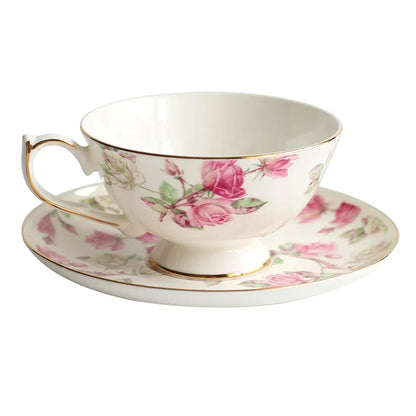 DecorBites™ Bone China Tea Cup Set, Flowers Teacup & Snack Dish for Office Drinkware