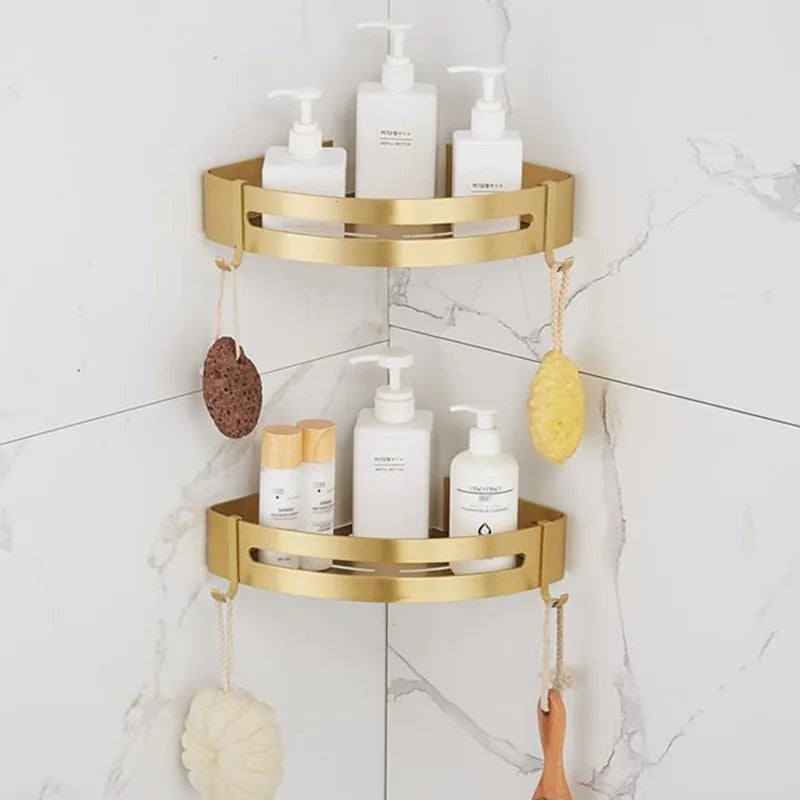 DecorBites™ Aluminum Shower Shelf Brushed Gold Wall Mounted Bathroom Corner Shelf