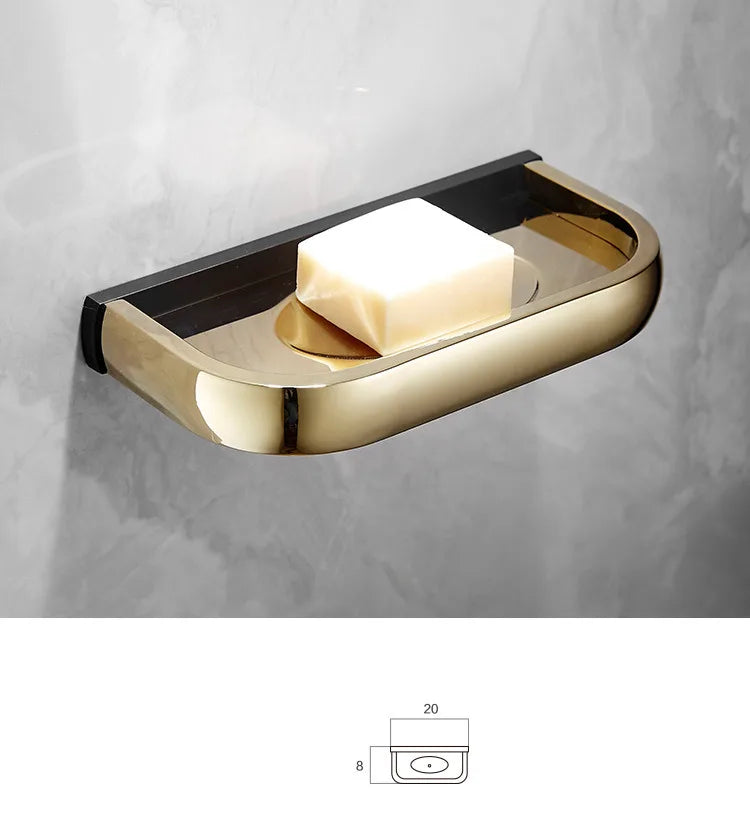 ™ Gold & Black Bathroom Hardware Set: Shelf, Towel Rack, Paper Holder, Brush Holder
