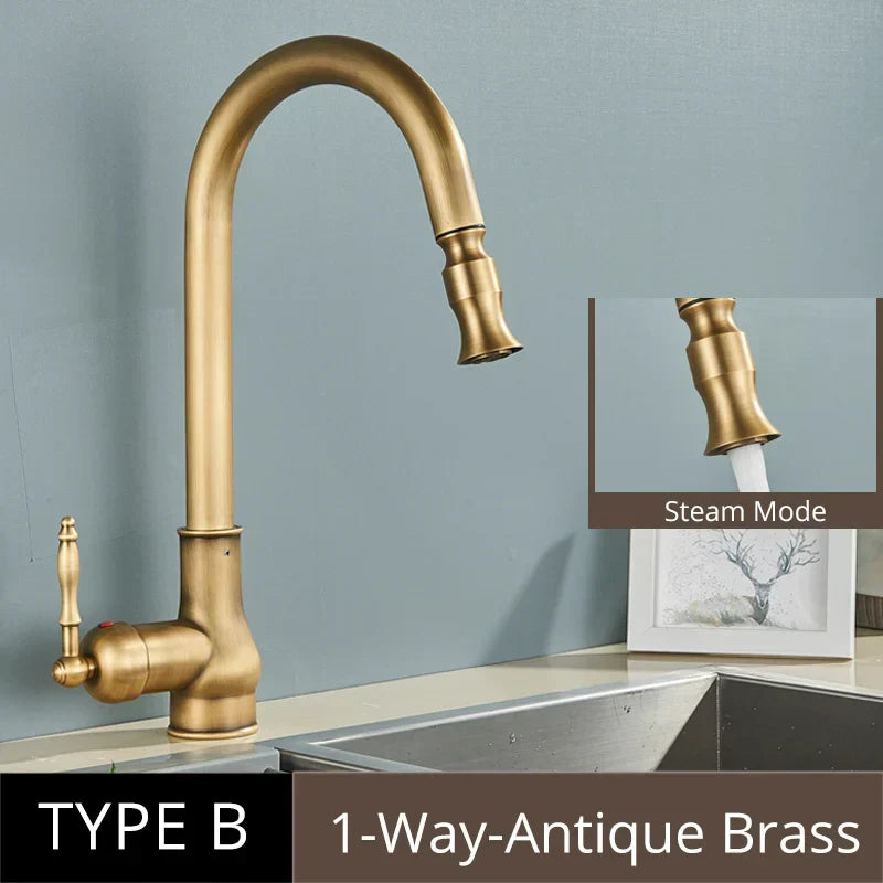 DecorBites™ Antique Brass Kitchen Faucet Pull Out Single Handle Mixer Tap 360 Rotation