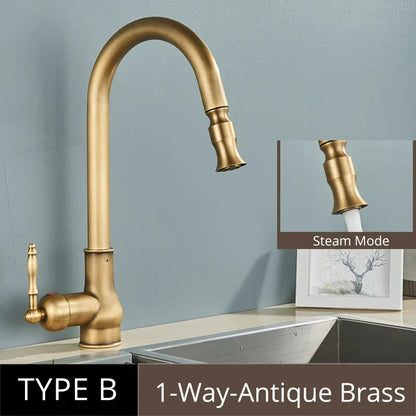 DecorBites™ Antique Brass Kitchen Faucet Pull Out Single Handle Mixer Tap 360 Rotation