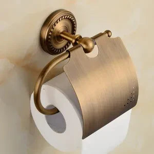 DecorBites™ Brass Bathroom Set: Robe Hook, Paper Holder, Towel Bar, Soap Basket.